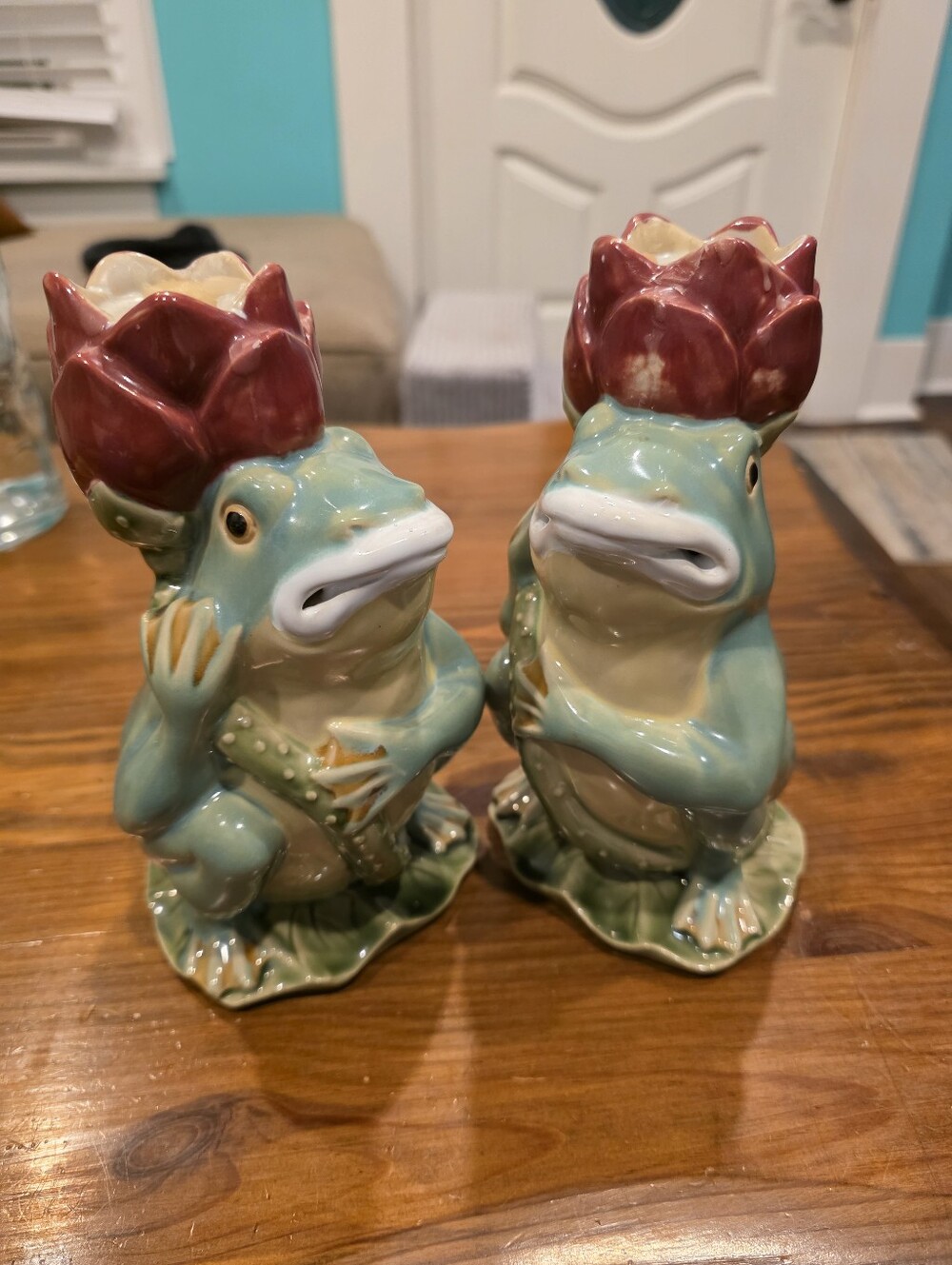 Vintage Mud Man Frog Chinese WanJiang Set Of 2 Candle Holders